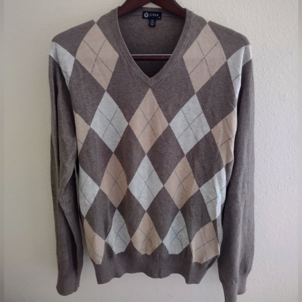 J. Crew Men's Argyle V-Neck Cotton and Cashmere Blend Sweater Sz. M